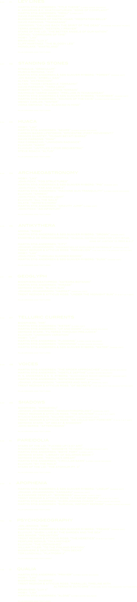 6:25        01.         ley lines

                        martin stig andersen: “title theme” [limbo game sounds]
                        a. askarian & k. khatchaturian: “song of complaint”
                        martin stig andersen: “menu” [limbo ost]
                        david parsons: “abhisekha”
                        buddhist monks of maitri vihar: “meditation bells”
                        david parsons: “tsaparang”
                        unknown: “calling back the spirit of the dead” [chinese ancient music]
                        terra ambient: “westerly prayer”
                        stars of the lid: “the better angels of our nation”
                        oöphoi: “corridors of time”
                        moby: “la9”
                        brian eno: “lux 2”
                        cliff martinez: “the bloody leg”
                        monolake: “wasteland”

                        plus drones and textures

4:30        02.        standing stones

                        synaulia: “oraculum”
                        musica romana: “xvii”
                        martin stig andersen & søs gunver ryberg: “forest” [inside ost]
                        jon banks: “ambell gan”
                        altan: “an feochán”
                        altan: “thíos i dteach a’ tórraimh”
                        david parsons: “tisra loka”
                        robert rich: “undulating terrain”
                        mahmoud tabrizi zadeh: “prelude in tchahargah”
                        martin stig andersen & søs gunver ryberg: “chamber” [inside ost]
                        martin stig andersen: “sounds of the cave” [limbo game sounds]
                        wendy carlos: “winter”
                        vidna obmana: “all glanced in mind”

                        plus drones and textures

5:24        03.        huaca

                        moby: “la2”
                        martin stig andersen: “gears” [limbo game sounds]
                        carbon based lifeforms: “epicentre (first movement)”
                        kronos quartet: “mugam beyati shiraz”
                        david parsons: “mani”
                        max corbacho: “unknown radiance”
                        eluvium: “warm”
                        eluvium: “untitled 2 (for orchestra)”
                        steve roach: “altus”

                        plus drones and textures


6:46        04.        archaeoastronomy

                        moby: “la3”
                        john foxx: “fog structures”
                        martin stig andersen & søs gunver ryberg: “pig” [inside ost]
                        john foxx: “far and wide 2”
                        martin stig andersen: “machine gun tranquility” [limbo game sounds]
                        eluvium: “amreik”
                        john foxx: “in rising light”
                        eluvium: “all the sails”
                        dilate: “nemo’s chord”
                        martin stig andersen: “gravity jump” [limbo ost]
                        john foxx: “ad infinitum”

                        plus drones and textures

4:05        05.        antikythera

                        amiina: “sogg”
                        martin stig andersen & søs gunver ryberg: “drown” [inside ost]
                        ensemble de organographia: “musical instructions for ‘lipit-istar,
                                                                                                                        king of justice’ (c.1950 b.c.)”
                        martin stig andersen: “city”
                        jóhann jóhannsson: “properties of explosive materials” [arrival ost]
                        trent reznor & atticus ross: “perihelion” [the girl with the dragon tattoo ost]
                        moby: “la8”
                        john foxx: “through summer rooms”
                        martin stig andersen & søs gunver ryberg: “sunk” [inside ost]

                        plus drones and textures

3:14        06.        geoglyph

                        biosphere/deathprod: “katedra botaniki”
                        martin stig andersen: “mirage”
                        demdike stare: “black sun”
                        jóhann jóhannsson: “hazmat” [arrival ost]
                        trent reznor & atticus ross: “under the midnight sun” [t.g.w.t.d.t ost]

                        plus drones and textures


6:33        07.        telluric currents

                        biosphere: “mir”
                        martin stig andersen: “sister” [limbo ost]
                        martin stig andersen: “up and down” [limbo game sounds]
                        demdike stare: “filtered through prejudice”
                        eluvium: “unknown variation”
                        moby: “la7”
                        martin stig andersen: “flooding” [limbo game sounds]
                        martin stig andersen: “drowning” [limbo game sounds]
                        martin stig andersen & søs gunver ryberg: “water” [inside ost]

                        plus drones and textures

5:06        08.        voices

                        martin stig andersen: “the spider approaches” [limbo game sounds]
                        martin stig andersen: “hostile depths” [limbo game sounds]
                        m. s. andersen & s. g. ryberg: “shockwave room (reprise)” [inside ost]
                        martin stig andersen: “rotating room” [limbo ost]
                        jóhann jóhannsson: “hammers and nails” [arrival ost]
                        trent reznor & atticus ross: “of secrets” [the girl with the dragon tattoo ost]

                        plus drones and textures

5:55        09.        shadows

                        biosphere: “shenzhou”
                        jóhann jóhannsson: “xenoanthropology” [arrival ost]
                        trent reznor & atticus ross: “the splinter” [t.g.w.t.d.t. ost]
                        ryuichi sakamoto: “killing hawk” [the revenant ost]
                        trent reznor & atticus ross: “we could wait forever” [t.g.w.t.d.t ost]
                        demdike stare: “of decay & shadows”
                        john serrie: “aftervisions”

                        plus drones and textures

5:45        10.        pareidolia

                        stars of the lid: “fucked up (3:57 am)”
                        ryuichi sakamoto: “goodbye to hawk” [the revenant ost]
                        martin stig andersen: “boys’ fort” [limbo ost]
                        demdike stare: “library of solomon book 1”
                        demdike stare: “matilda’s dream”
                        martin stig andersen: “circular saws” [limbo game sounds]
                        eluvium: “by the rails”
                        stars of the lid: “the atomium pt. 3”

                        plus drones and textures

3:59        11.        apophenia

                        martin stig andersen & søs gunver ryberg: “lineup” [inside ost]
                        jóhann jóhannsson: “kangaru” [arrival ost]
                        alexandre desplat: “bombings” [zero dark thirty ost]
                        trent reznor & atticus ross: “a pair of doves” [t.g.w.t.d.t ost]
                        martin stig andersen: “overlooking chaos” [limbo game sounds]
                        martin stig andersen: “survival instinct reprise” [limbo game sounds]

                        plus drones and textures

7:50        12.        psychogeography

                        jon jenkins: “ebb”
                        martin stig andersen & søs gunver ryberg: “freaks” [inside ost]
                        eluvium: “when i live by the garden and the sea”
                        ars sonor: “inquisition”
                        trent reznor & atticus ross: “the heretics” [t.g.w.t.d.t ost]
                        perfume genius: “i’m a mother”
                        eluvium: “the unfinished”
                        william tyler: “to the finland station”
                        biosphere & deathprod: “twin decks”
                        tor lundvall: “platform 3”

                        plus drones and textures?

7:45        13.        qualia

                        martin stig andersen: “prayer” [limbo game sounds]
                        moby: “la6”
                        biosphere: “inverse”
                        trent reznor & atticus ross: “parallel timeline with
                                                                        alternate outcome” [the girl with the dragon tattoo ost]
                        brian eno: “lux 4”
                        moby: “la4”
                        martin stig andersen: “alone” [limbo game sounds]

                        plus drones and textures